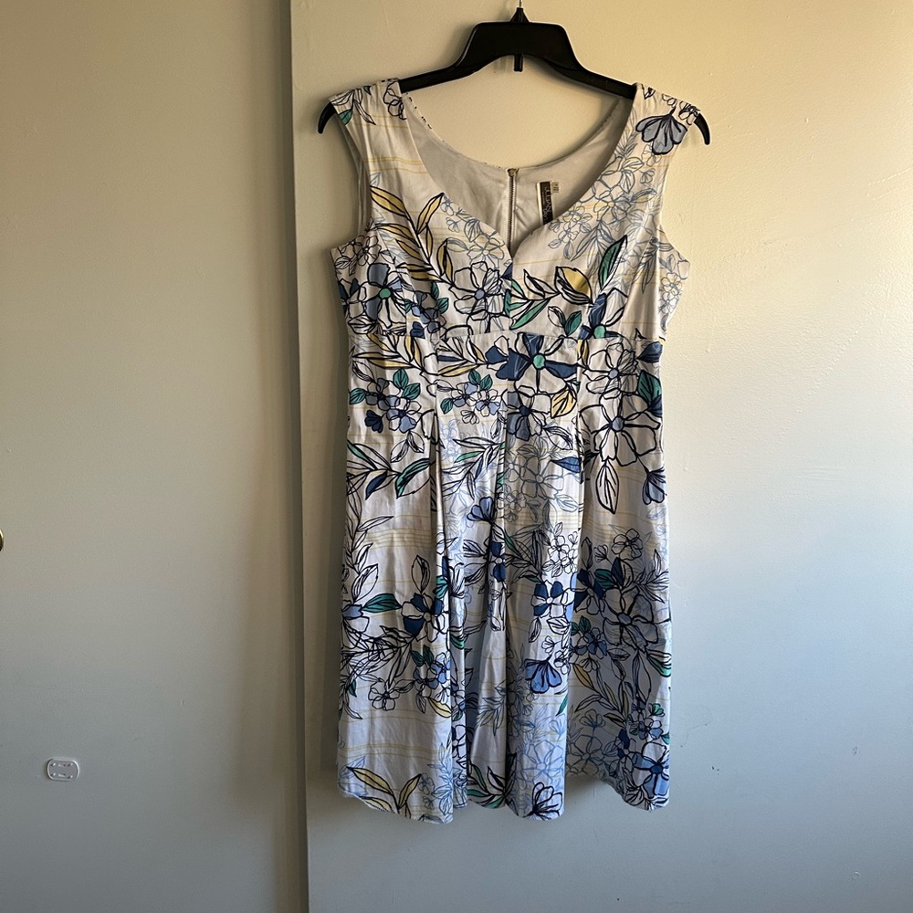 Julian Taylor White Floral Scoop-Neck Mini Dress with Blue & Green Accents
